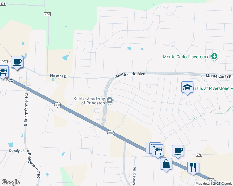 map of restaurants, bars, coffee shops, grocery stores, and more near 1904 Prairie View Drive in Princeton