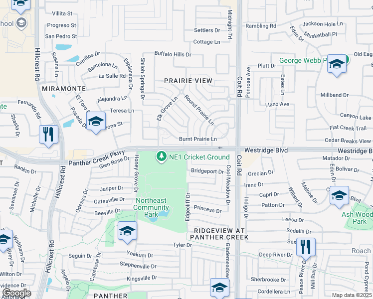 map of restaurants, bars, coffee shops, grocery stores, and more near 9455 Panther Creek Parkway in Frisco