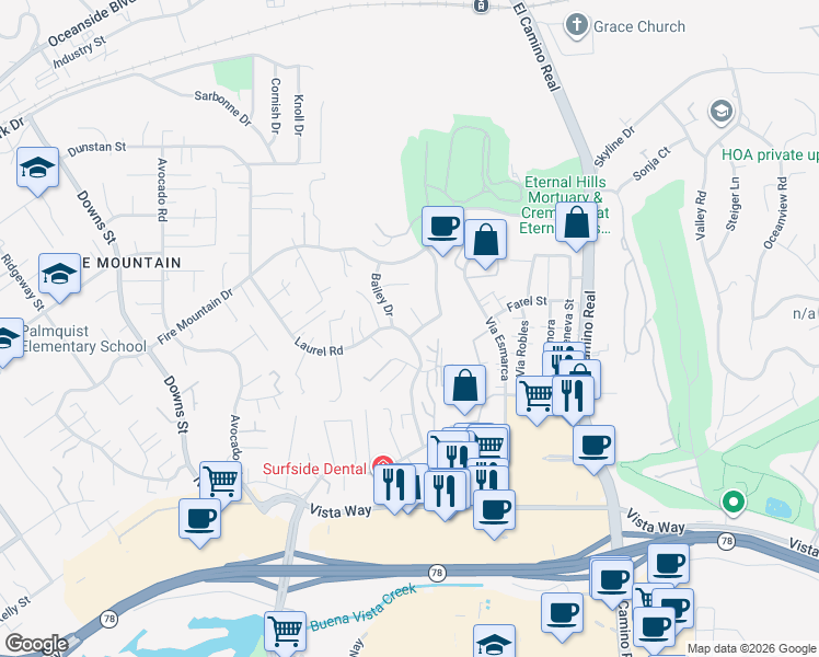 map of restaurants, bars, coffee shops, grocery stores, and more near 1872 Portofino Drive in Oceanside