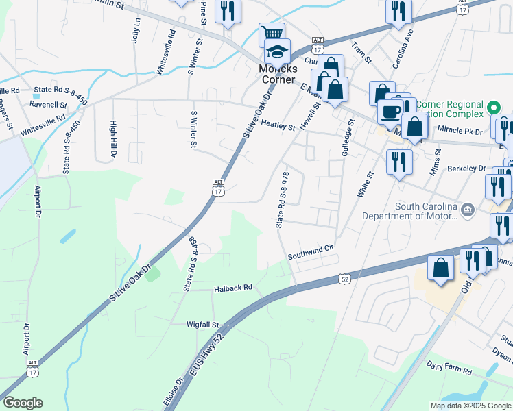 map of restaurants, bars, coffee shops, grocery stores, and more near 322 Newell Street in Moncks Corner