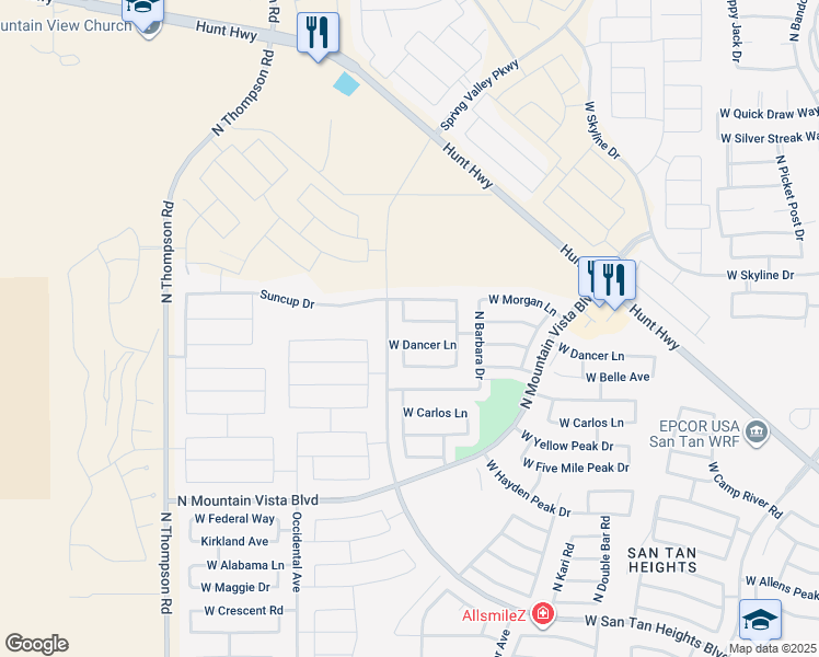 map of restaurants, bars, coffee shops, grocery stores, and more near 3859 West Naomi Lane in San Tan Valley