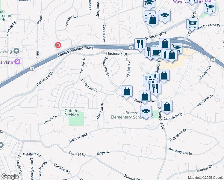 map of restaurants, bars, coffee shops, grocery stores, and more near 1050 La Tortuga Drive in Vista