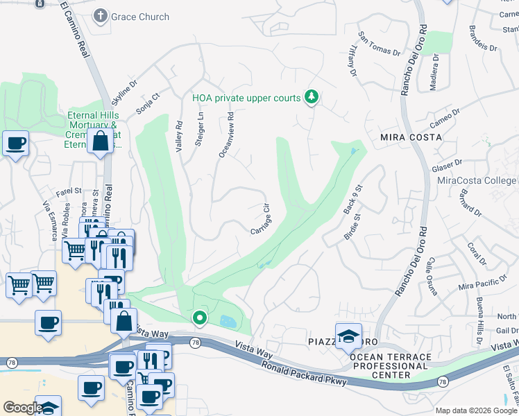 map of restaurants, bars, coffee shops, grocery stores, and more near 2401 Carriage Circle in Oceanside