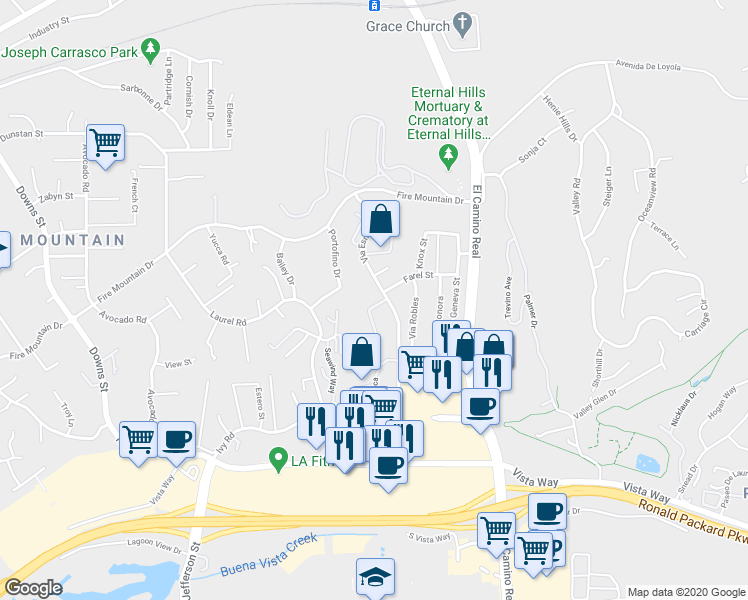 map of restaurants, bars, coffee shops, grocery stores, and more near 2132 Via Camino Verde in Oceanside