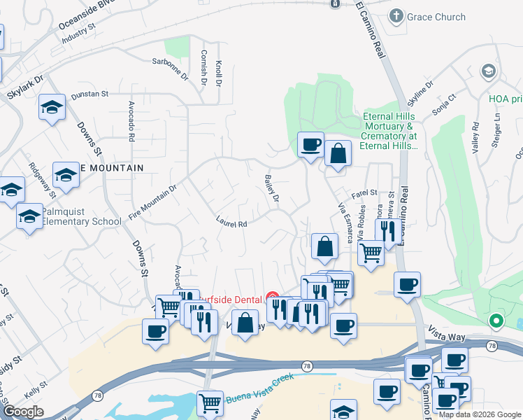 map of restaurants, bars, coffee shops, grocery stores, and more near 1874 Laurel Road in Oceanside