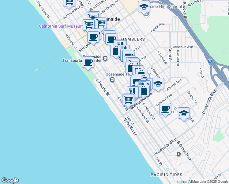 map of restaurants, bars, coffee shops, grocery stores, and more near 501 South Myers Street in Oceanside