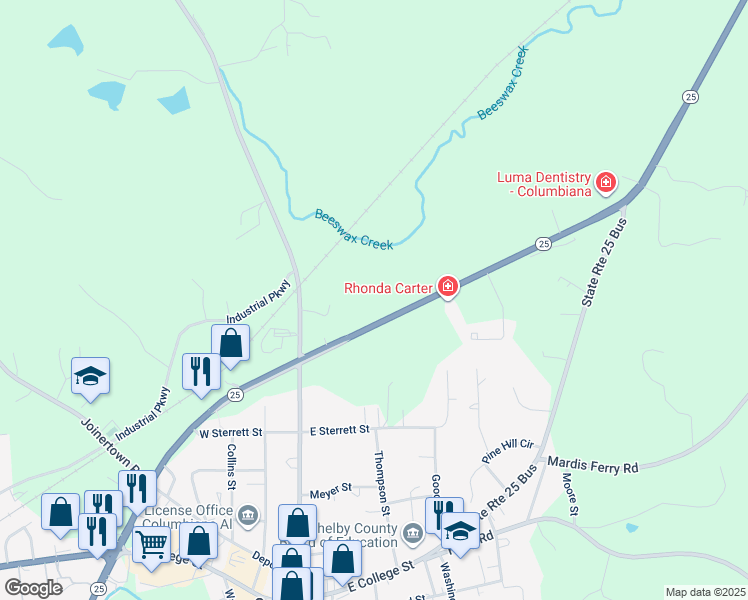 map of restaurants, bars, coffee shops, grocery stores, and more near Alabama 25 in Columbiana