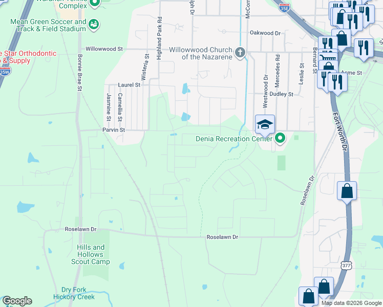 map of restaurants, bars, coffee shops, grocery stores, and more near 2161 Highland Park Road in Denton
