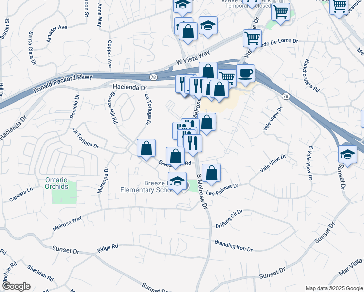 map of restaurants, bars, coffee shops, grocery stores, and more near 435 South Melrose Drive in Vista