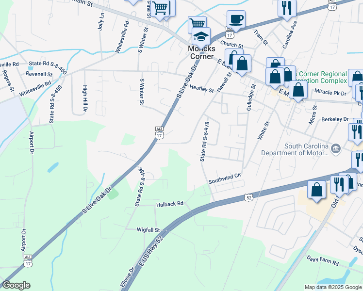 map of restaurants, bars, coffee shops, grocery stores, and more near 322 Newell Street in Moncks Corner