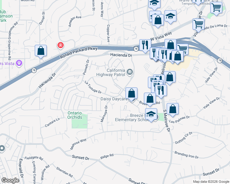 map of restaurants, bars, coffee shops, grocery stores, and more near 1085 La Tortuga Drive in Vista