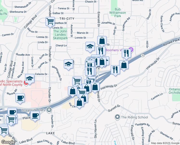 map of restaurants, bars, coffee shops, grocery stores, and more near 1845 West Vista Way in Vista