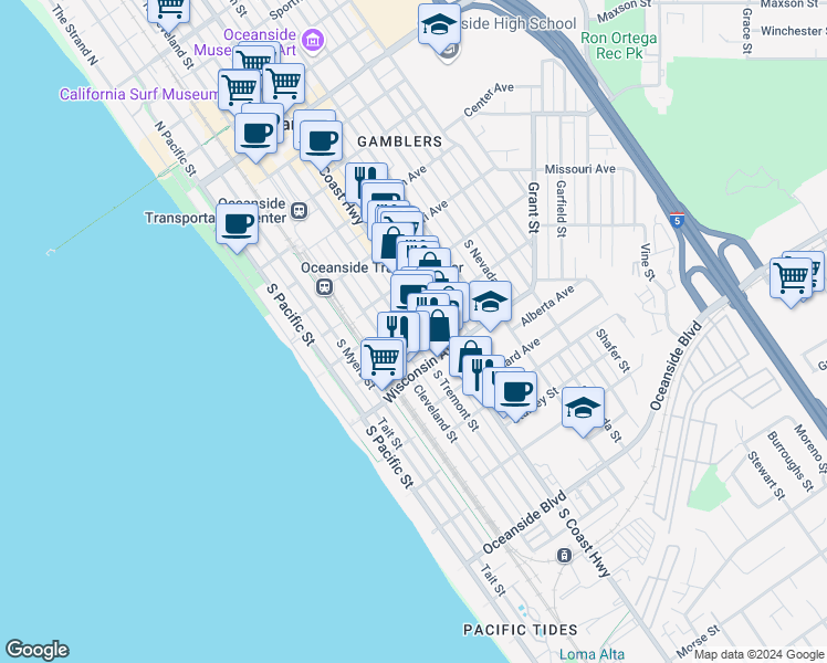 map of restaurants, bars, coffee shops, grocery stores, and more near 602 South Tremont Street in Oceanside