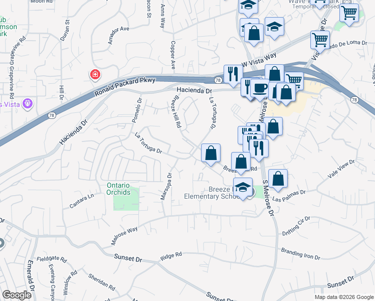 map of restaurants, bars, coffee shops, grocery stores, and more near 1050 La Tortuga Drive in Vista