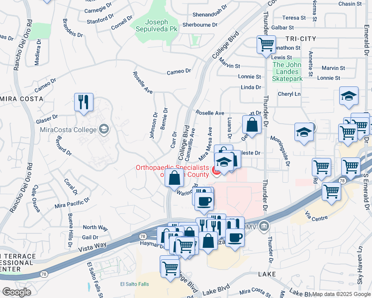 map of restaurants, bars, coffee shops, grocery stores, and more near 3205 Camarillo Avenue in Oceanside