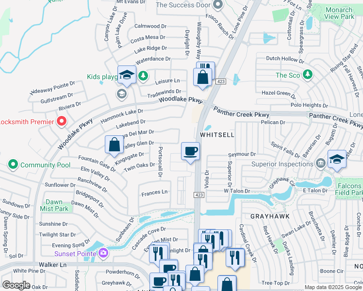 map of restaurants, bars, coffee shops, grocery stores, and more near 3000 High Landing Drive in Little Elm