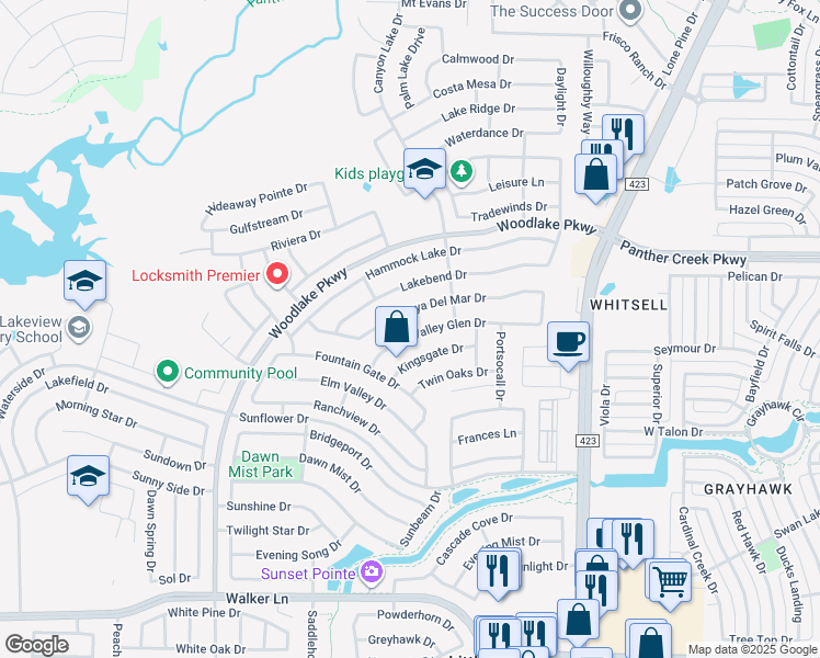 map of restaurants, bars, coffee shops, grocery stores, and more near 2437 Valley Glen Drive in Little Elm