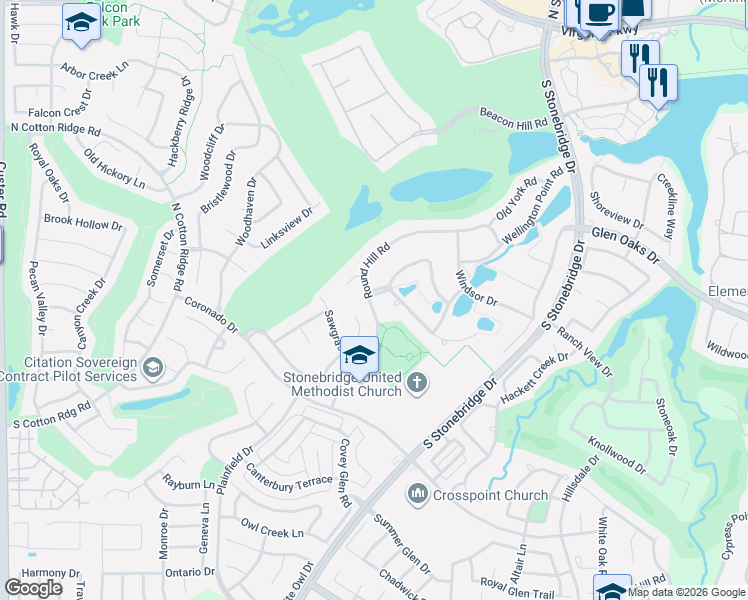 map of restaurants, bars, coffee shops, grocery stores, and more near 7603 Round Hill Road in McKinney