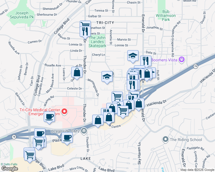 map of restaurants, bars, coffee shops, grocery stores, and more near 260 Cedar Road in Vista