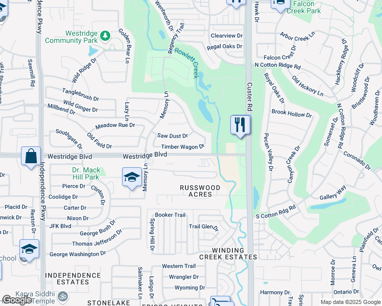 map of restaurants, bars, coffee shops, grocery stores, and more near 9450 Westridge Boulevard in McKinney