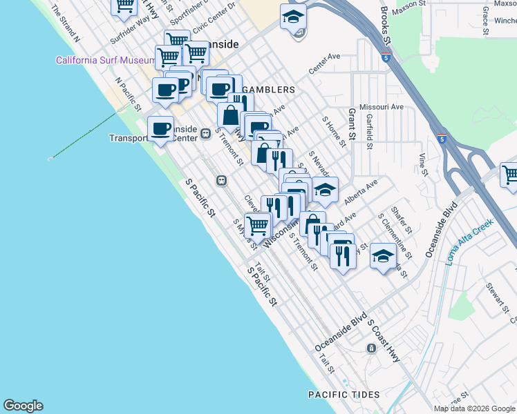 map of restaurants, bars, coffee shops, grocery stores, and more near 522 South Cleveland Street in Oceanside