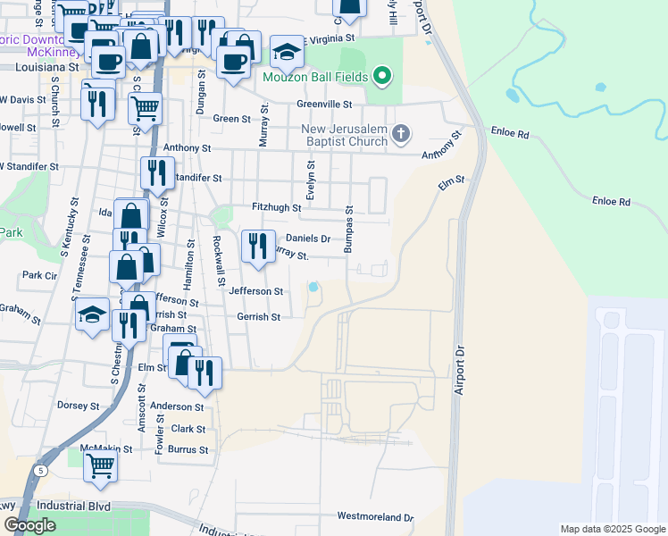 map of restaurants, bars, coffee shops, grocery stores, and more near 1030 Murray Court in McKinney