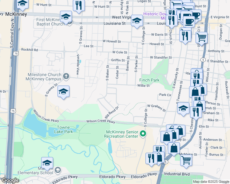 map of restaurants, bars, coffee shops, grocery stores, and more near 1200 Lassen Lane in McKinney