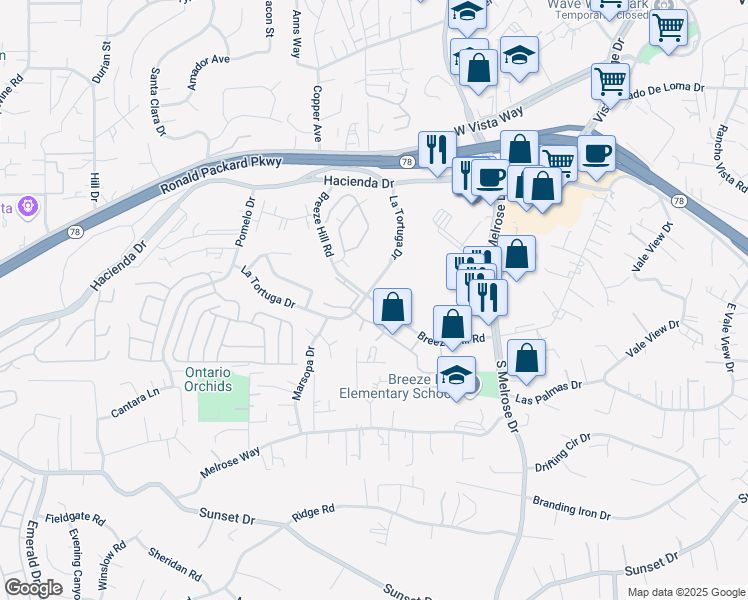 map of restaurants, bars, coffee shops, grocery stores, and more near 1050 La Tortuga Drive in Vista