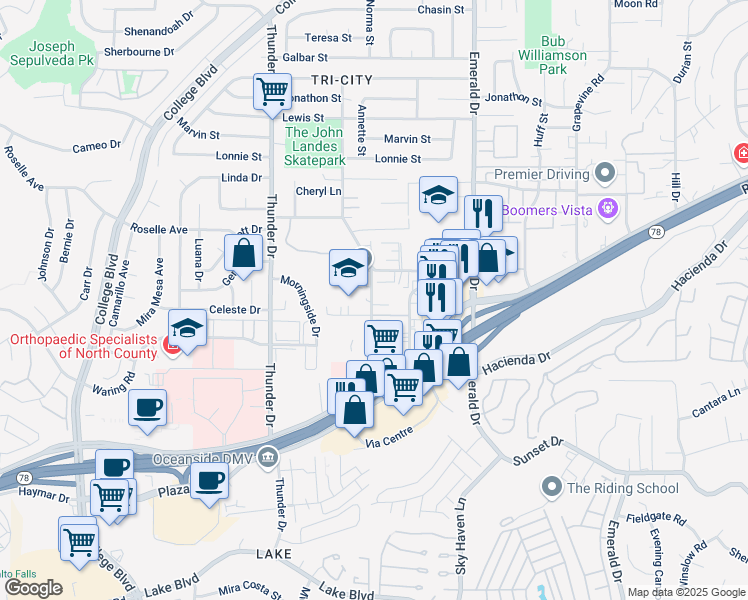 map of restaurants, bars, coffee shops, grocery stores, and more near 243 Cedar Road in Vista