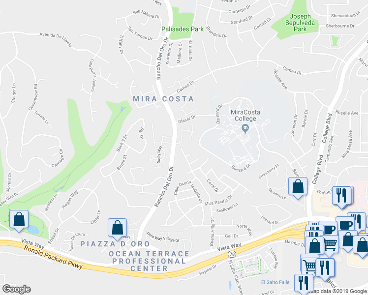 map of restaurants, bars, coffee shops, grocery stores, and more near 3096 Buena Hills Drive in Oceanside