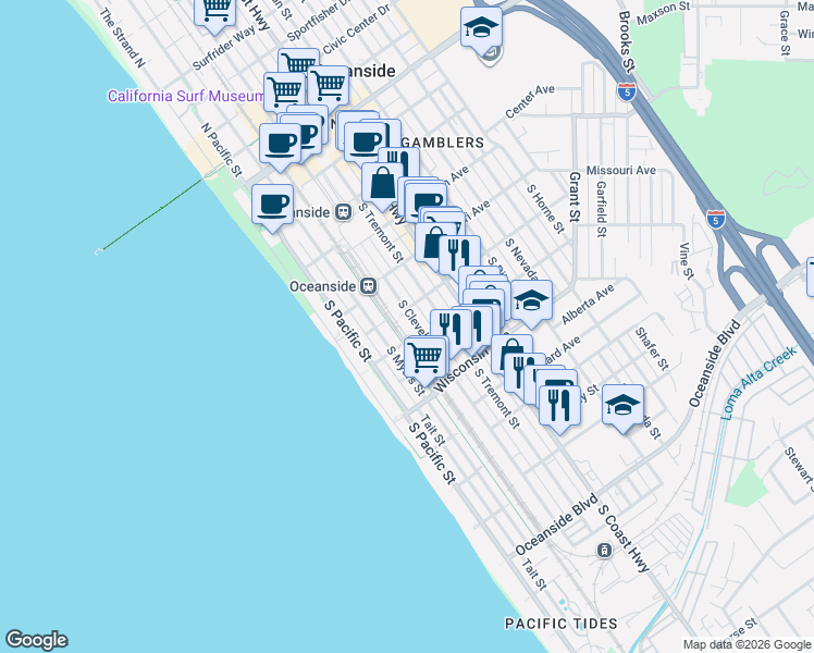 map of restaurants, bars, coffee shops, grocery stores, and more near 511 South Cleveland Street in Oceanside