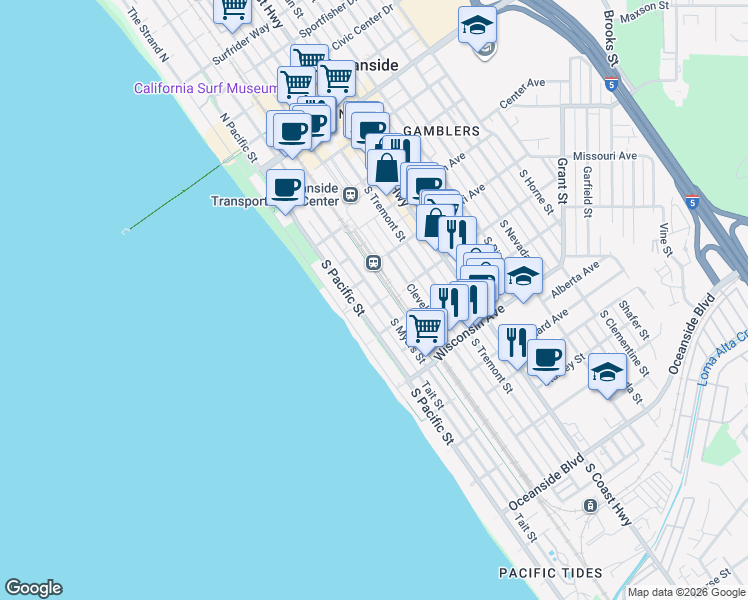 map of restaurants, bars, coffee shops, grocery stores, and more near 501 South Myers Street in Oceanside