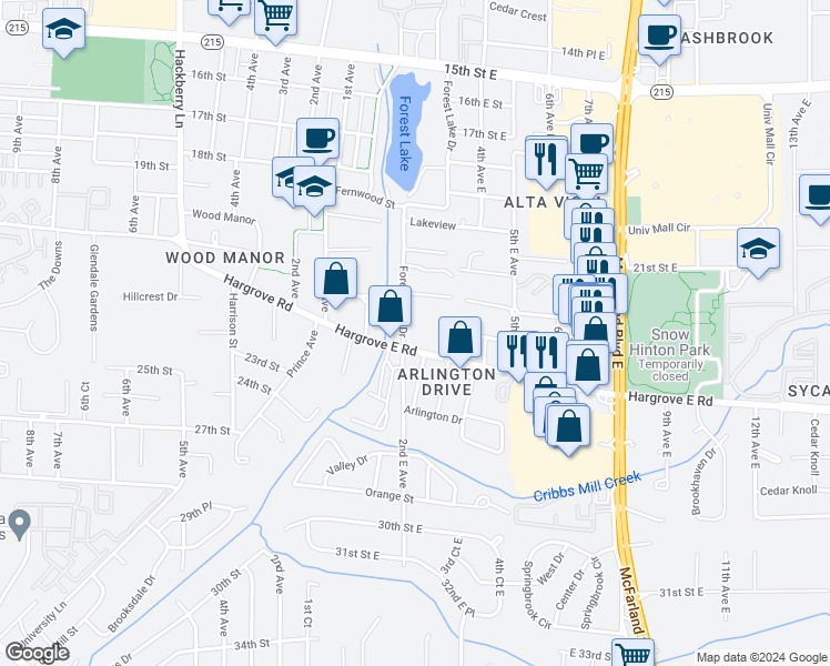 map of restaurants, bars, coffee shops, grocery stores, and more near in Tuscaloosa