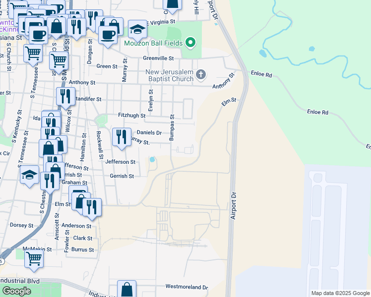 map of restaurants, bars, coffee shops, grocery stores, and more near 703 Bumpas Street in McKinney