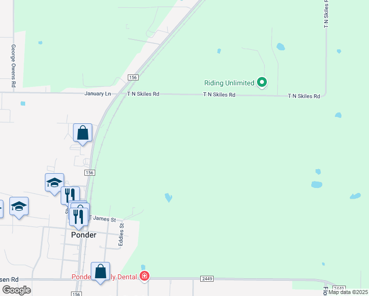 map of restaurants, bars, coffee shops, grocery stores, and more near T N Skiles Road in Ponder