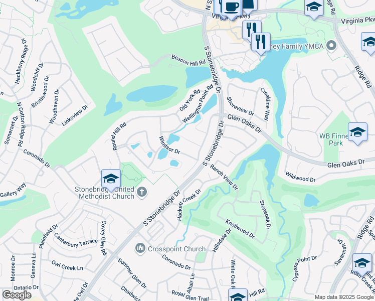 map of restaurants, bars, coffee shops, grocery stores, and more near 1501 Windsor Drive in McKinney