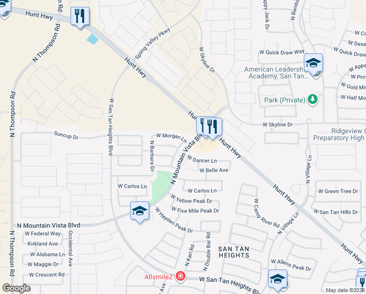 map of restaurants, bars, coffee shops, grocery stores, and more near 3274 West Dancer Lane in Queen Creek