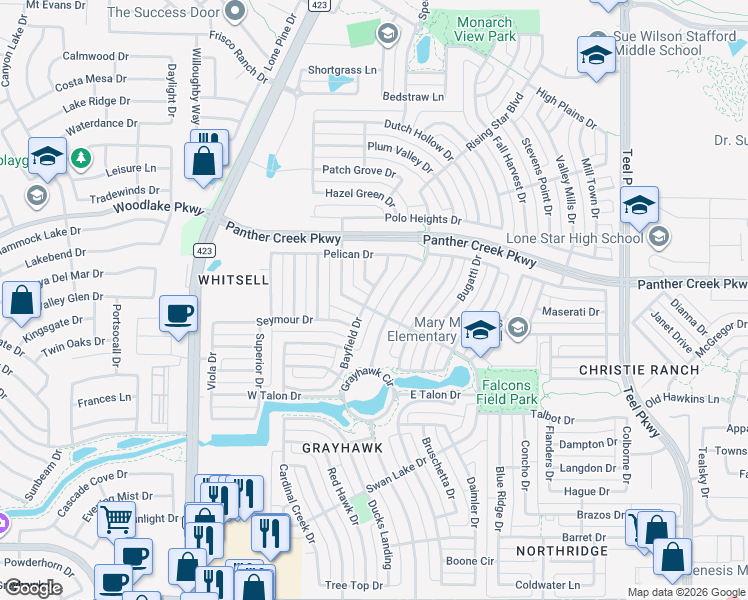 map of restaurants, bars, coffee shops, grocery stores, and more near 13305 Grayhawk Boulevard in Frisco
