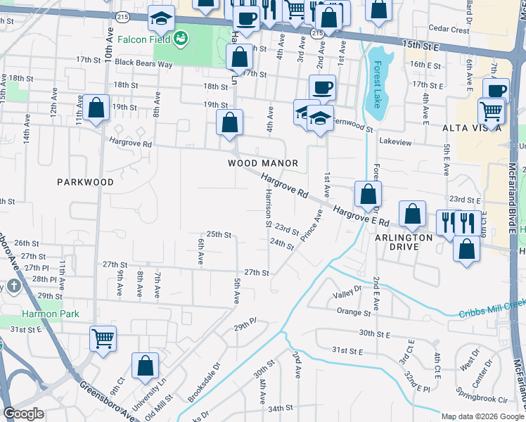map of restaurants, bars, coffee shops, grocery stores, and more near 423 23rd Street in Tuscaloosa