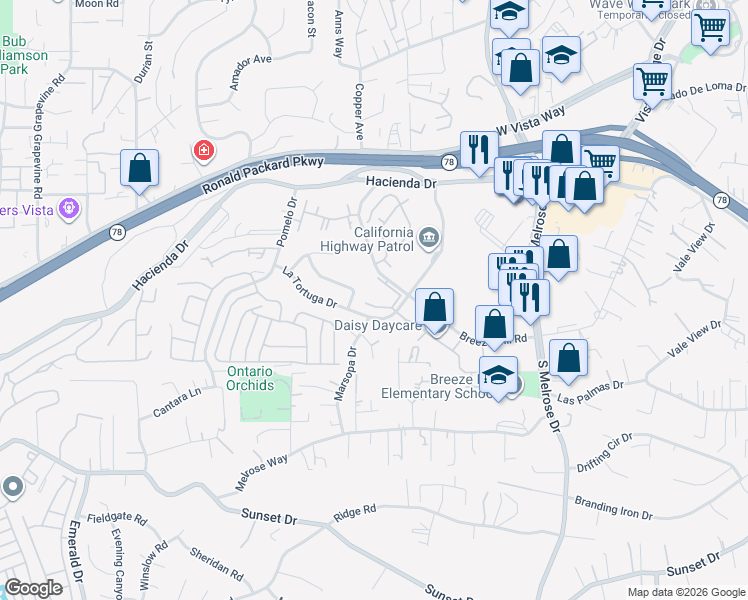 map of restaurants, bars, coffee shops, grocery stores, and more near 1050 La Tortuga Drive in Vista