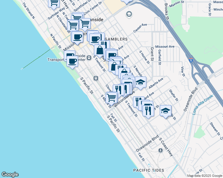 map of restaurants, bars, coffee shops, grocery stores, and more near 511 South Cleveland Street in Oceanside
