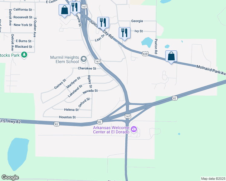 map of restaurants, bars, coffee shops, grocery stores, and more near 2505 Nevada Street in El Dorado