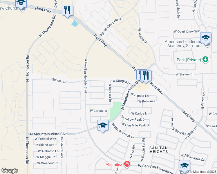 map of restaurants, bars, coffee shops, grocery stores, and more near 34130 North Barbara Drive in Queen Creek