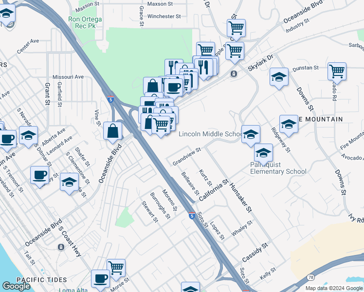map of restaurants, bars, coffee shops, grocery stores, and more near 1630 Mountain View Avenue in Oceanside