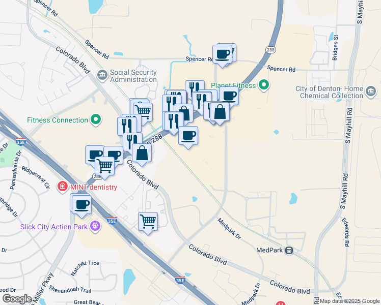 map of restaurants, bars, coffee shops, grocery stores, and more near 1801 South Loop 288 in Denton