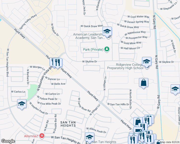 map of restaurants, bars, coffee shops, grocery stores, and more near 2567 West Bartlett Way in Queen Creek