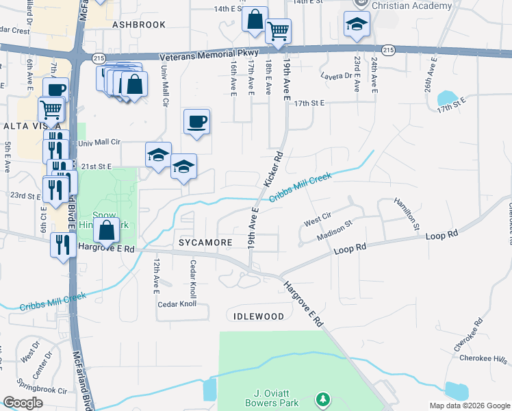 map of restaurants, bars, coffee shops, grocery stores, and more near 1701 Ridgemont Dr in Tuscaloosa