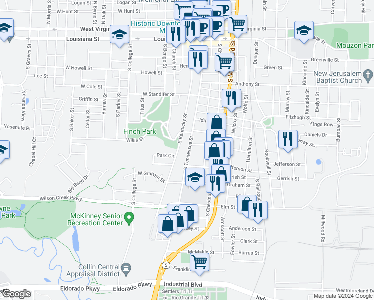 map of restaurants, bars, coffee shops, grocery stores, and more near 910 South Tennessee Street in McKinney