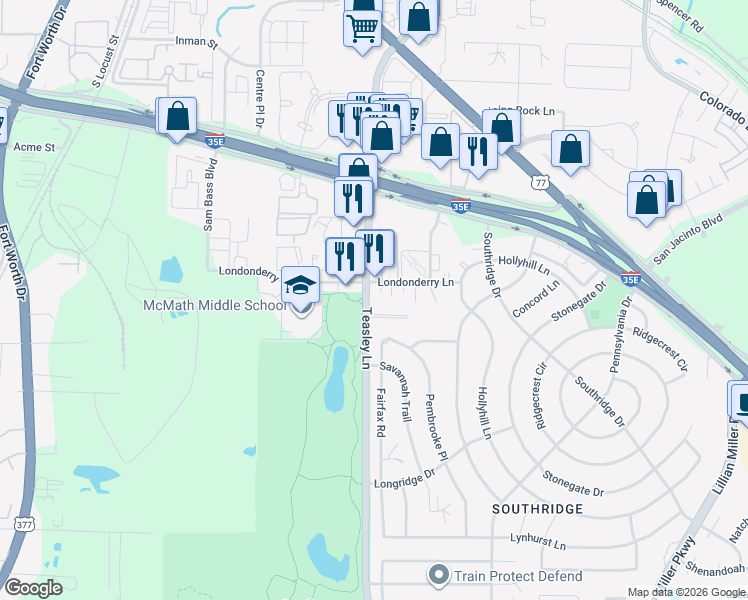 map of restaurants, bars, coffee shops, grocery stores, and more near 2001 Teasley Lane in Denton