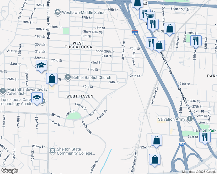 map of restaurants, bars, coffee shops, grocery stores, and more near 2602 26th Street in Tuscaloosa